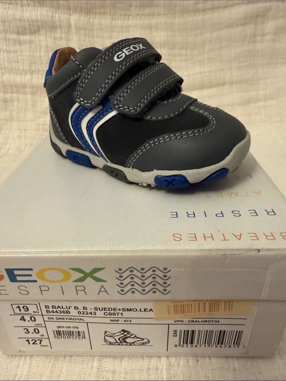 Geox B Balu Baby Boy Suede/Leather Shoes Grey& Royal Blue US 4.0, EU 19